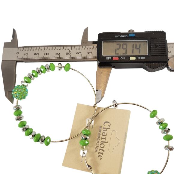 Large Green Beaded Hoop Earrings 3" Silver Tone Rhinestone Accent Pierced Trendy - Picture 6 of 7